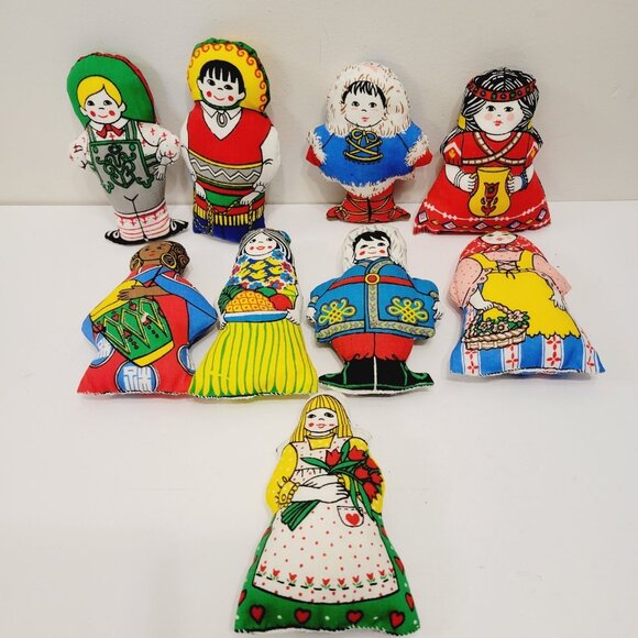 9 Mini International Dolls Plush Fabric Handmade Multi Color Girls and Boy Decor - Picture 1 of 8
